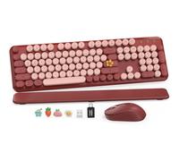 Combo de teclado y mouse inalámbricos, teclado retro con teclas redondas, teclado de máquina de escribir de tamaño completo con reposamuñecas desmontable, conexión de 2.4 GHz para Mac/Windows/PC (rojo