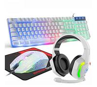 Combo de teclado y mouse para juegos con cable, teclado con cable retroiluminado LED arcoíris, auriculares sobre la oreja con micrófono, mouse retroiluminado arcoíris, alfombrilla de mouse, para PC,