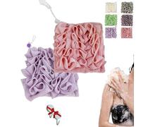 Combo de toallitas, paño para jabón de barra, esponja 2 en 1, esponja de baño con cordón para limpieza de lavado corporal y piel suave (rosa + morado)