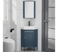 Combo de tocador de baño de esquina con fregadero, armario de pie para espacios pequeños, juego de gabinete de baño con grifo y drenaje, fregadero de cerámica, acabado azul marino