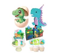 Combo Decorativo Dinosaurio Tierno, Piñata 50cm, Set Toppers Pastel, 20 Mini Toppers, 12 Cajas Temáticas, Figura Cartón 80cm