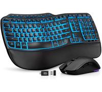 Combo ergonómico de teclado y mouse inalámbricos, teclado retroiluminado recargable de 4000 mAh con un reposamuñecas suave de piel de cordero sintética, teclas onduladas para escritura natural