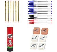 Combo Esencial para la Oficina en Casa: Gomas, Lápices, Pegamento y Bolígrafos | 6 Gomas + 6 Lápices Staedtler + Pegamento Pritt + 10 Bolígrafos BIC