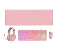 Combo Gaming 4 en 1 - Teclado TKL mecánico, ratón RGB 3200 dpi, Auriculares con cancelación de Ruido y Alfombrilla XXL Antideslizante. Color Rosa.