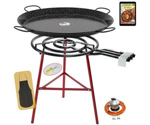 COMBOI Kit Paellero Gas Butano 70 cm - Paellera Esmaltada 90 cm, Patas Reforzadas, Regulador, Manguera, Nivel, Delantal y Recetario Digital - Quemador de 3 Aros para Exterior