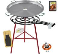 COMBOI Kit Quemador Paellero de Gas Butano 70 cm, Paellera de Acero Pulido 90 cm, Regulador de Gas, Manguera, Soporte Patas Reforzadas, Nivel, Delantal, Libro de Recetas Digital