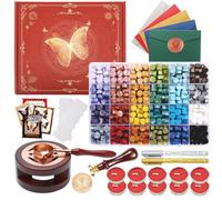 Comealltime Kit de sellado de cera con caja de regalo, 630 cuentas de sellado de 24 colores, sello de mariposa, calentador de cera de sellado, sobres, calcomanías adhesivas para regalo y decoración