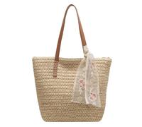 Comebachome Bolsa de playa tejida Bolsa de paja de gran capacidad Cierre de cremallera suave Playa de paja con cinta Bolsas adornadas para mujeres Viajes de verano Compras Blanco, Adornos de jardin