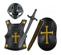 Comebachome Conjunto de disfraz de caballero para niños de 4 piezas, armadura medieval cruzada vintage con casco de escudo de espada negro