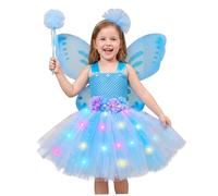 Comebachome Disfraz de mariposa para niñas, juego de disfraz de hada de 4 piezas que incluye vestido iluminado, ala de mariposa, varita y diadema XL, para niñas