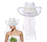 Comebachome Sombrero de Vaquera de Novia, con Borde de Velo y Lentejuelas, Blanco, para Mujeres, Múltiples Ocasiones