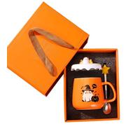 Comebachome Taza de Halloween con tapa y cuchara, linda taza de cerámica con fantasma de calabaza, naranja