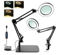 comeder Lupa de 15X con luz y soporte, brazo ajustable, 3 modos de color, LED regulable, abrazadera manos libres para leer, manualidades, costura y pasatiempos (15X)