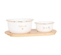 Comedero/bebedero para gatos de porcelana blanca (x2) con soporte de bambú