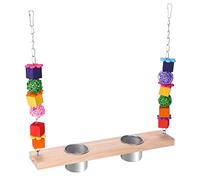 Comedero colgante de acero inoxidable para jaula de loros y cuenco de agua con plataforma de madera para pájaros, soporte para columpio, comedero para jaula de loros