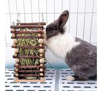 Comedero colgante de heno de madera de manzana para conejos, soporte de hierba de conejillo de indias con 2 ganchos, resistente a mordeduras, juguete para masticar animales pequeños, estante para