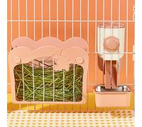 Comedero de heno para conejos, juego de alimentación 3 en 1 con cuenco de comida y embudo colgante para jaula, estante de heno para conejo, cobaya, chinchilla (rosa)
