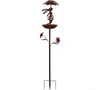 Comedero de hierro para pájaros de conejo de Pascua, estaca de metal decorativa al aire libre con paraguas y luz solar para jardines y patios (cobre rojo)