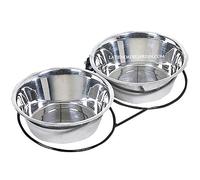 COMEDERO Doble Perros con Soporte para Pared de Acero Inoxidable. Capacidad 2.80 litros x 2. Se Utiliza como Bebedero de Animales. Medidas. Ø25 cm x 2. 51 x 26 x 8,2 cm.