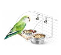 Comedero Doble Transparente para Jaula de Pájaros de Acero Inoxidable 304 con Percha de Madera y Protector Acrílico Antisalpicaduras Bebedero Interior para Ninfas Agapornis Periquitos Canarios Loros