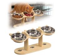 Comedero elevado, comedero para gatos con 3 cuencos de acero inoxidable, comedero para gatos elevados con soporte de madera, comedero y cuenco de agua para gatos, cachorros y perros pequeños, para
