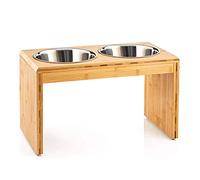 Comedero Elevado de Bambú, Comedero para Mascotas, Comedero Perro Elevado con 2 Cuencos de Acero Inoxidable y Pies de Goma Antideslizantes, Comederos para Perros Medianos y Grande (2 Cuencos)