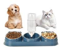 Comedero Gato - 3 en 1 Comedero Doble con 500 ml Botella Agua, Comedero Elevado e Inclinado con Separación de Secos y Húmedos, Comedero Metálico para Perros Pequeños y Medianos (Blue)