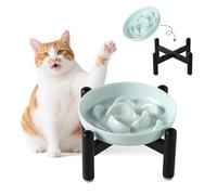 Comedero Gato Antivoracidad Melamina Elevado - Cuenco con Soporte de Acero Inoxidable Antideslizante - Bol de Alimentación Lenta para Gatos - Azul pálido