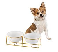 Comedero Gato Ceramica Elevado Inclinado - Cuenco Gato Antivomito con Soporte de Metal - Bebedero y Comedero Perro Pequeño - Doble Plato Perros - Bol Comida y Agua para Cachorros y Gatos - 2 x 480 ml