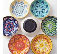 comedero Gato Ceramica - Set de 6 Cuencos Bajos y Anchos - para pienso, Comida húmeda o Bebedero Gatos - Ideal para Bigotes sensibles - Silicona Negra Fija - microondas y lavavajillas - 14,3 cm