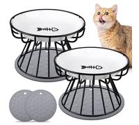 Comedero Gato Elevado 2 Piezas, Comedero Gato de Cerámica, Comedero Elevado Gato Anti-Vómito con Alfombrilla Antideslizante, Cuenco Elevado para Gatos y Perros Pequeños