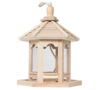 Comedero hexagonal de madera para pájaros con alambre para colgar, para una fácil recarga superior para jardín, vida silvestre, acabado natural resistente que atrae pájaros azules y petirrojos