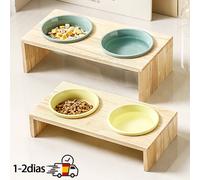 Comedero para Mascotas para Gatos Perros con Base de Madera y Cuencos de Cerámica Extraíbles - Antideslizante, Resistente para Perros y Gatos
