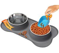 Comedero para Perros y Gatos, 2 x 1200 ml, Forma de Hueso con Ventosa con Pala para Comida y Agua, de Acero Inoxidable con Base de Silicona Antideslizante