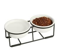 Comedero Perro Elevado de Cerámica - Juego de Cuenco Perro con Soporte de Metal Antideslizante - Comedero y Bebedero Perro - Platos para Perros - Bol Doble para Cachorros y Gatos - 2 x 375 ml - Blanca