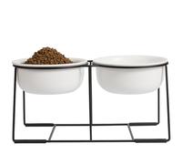 Comedero Perro Elevado Grande Cerámica - Juego de Cuencos para Perros con Soporte de Metal Antideslizante - Comedero y Bebedero Perro - Bol Doble para Perros Medianos y Grandes - 2 x 1400 ml - Blanca