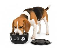 comedero Perro - Kena Negro & Plata con Tapa - Talla M - Acero Inoxidable - croquetas Perro - 800 ml