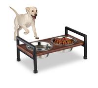 Relaxdays Comedero Doble Perro con Soporte de Hierro y Madera de Mango, 2 Cuencos Comida Acero, 750ml, Marrón/Negro, 16,5 x 38,5 x 23,5 cm