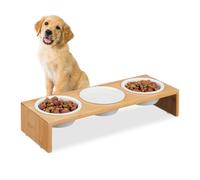 Relaxdays Comedero Elevado Perro, con 3 Cuencos 400 ml, Apto para Lavavajillas, Madera Bambú y Cerámica, Natural/Blanco