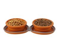 Comedero plegable para perros, portátil, 25 onzas, material de silicona, para gatos, perros, doble cuenco, diseño con bolsa de gancho para viajes, camping, senderismo, paseos (marrón)