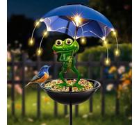 Comedero solar para pájaros de jardín con paraguas iluminado LED, estatua de rana de metal, luz de camino al aire libre, estación de alimentación decorativa para patio trasero