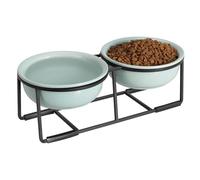 Comedero y Bebedero Elevado para Perros - Cuencos Dobles de Cerámica con Soporte Metálico para Comida y Agua - Ideal para Gatos y Perros Pequeños - 2 x 375 ml - Verde
