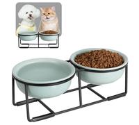Comedero y Bebedero Elevado para Perros - Cuencos Dobles de Cerámica con Soporte Metálico para Comida y Agua - Ideal para Gatos y Perros Pequeños - 2 x 400 ml - Verde