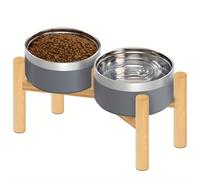 Comederos Elevados para Perros - Juego de Acero Inoxidable Anti-Derrame de 27Oz con Soporte de Madera, Comederos Elevados Dobles para Perros Pequeños/