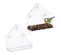 Relaxdays Set 2 Comederos de Pájaros para Ventana, 3 Sopapas, Estaciones de Alimento con Techo, 15x15x7 cm, Transparente