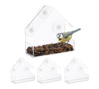 Relaxdays Set 4 Comederos de Pájaros para Ventana, 3 Sopapas, Estaciones de Alimento con Techo, 15x15x7 cm, Transparente