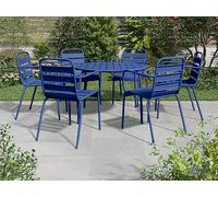 Comedor de jardín de metal - Mesa redonda D.130cm y 6 sillones apilables - Azul noche - MIRMANDE de MYLIA