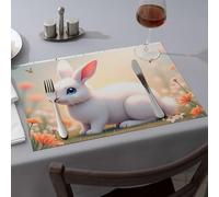 Comedor - Manteles individuales con diseño de conejo blanco con ojos azules en un campo de flores (4 piezas)