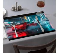 Comedor - Manteles individuales rojos con diseño de coche deportivo que acelera por las calles de la ciudad con luz de neón (4 piezas)
