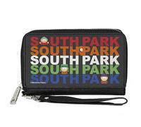 Comedy Central - Cartera con cremallera alrededor, logotipo de South Park Boys con texto repetido negro multicolor, cuero vegano, 7.5 x 4.5 pulgadas, casual